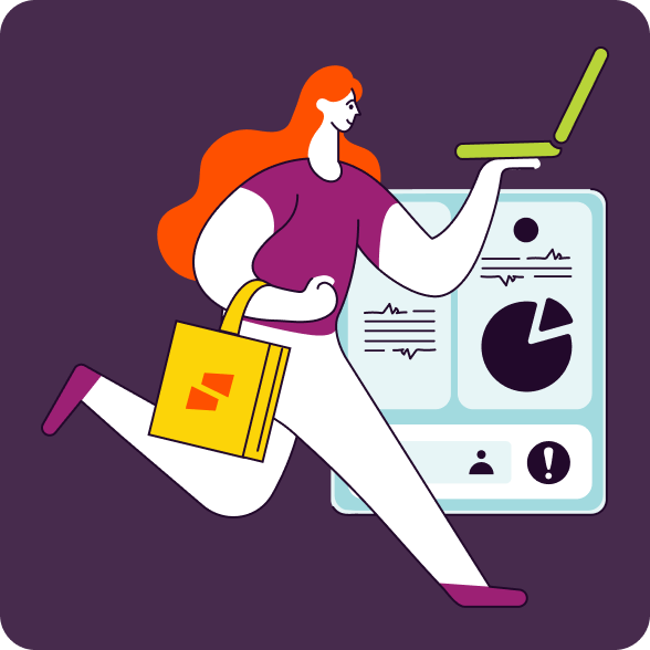 Illustration of woman on the run holding an open laptop in one hand.