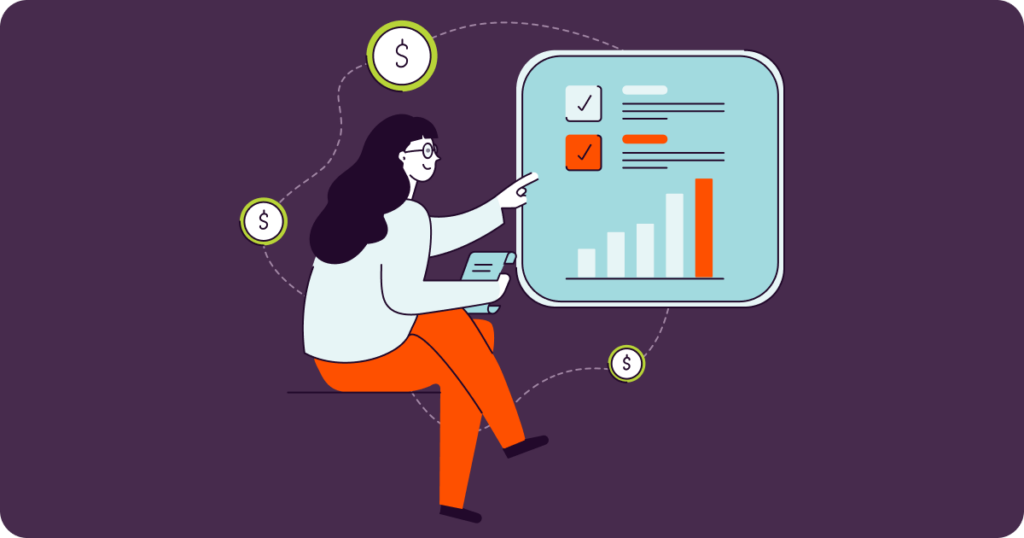 Illustration of a seated woman pointing to large chart display.ing to