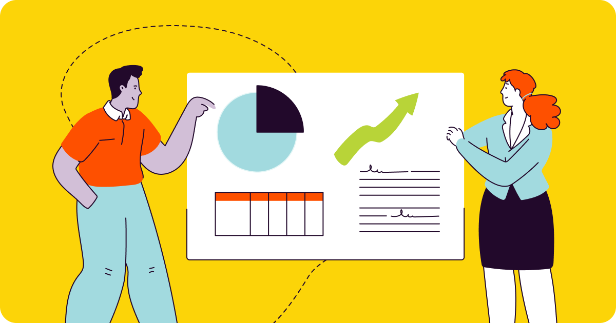 Illustration of two coworkers viewing an enlarged infographic.