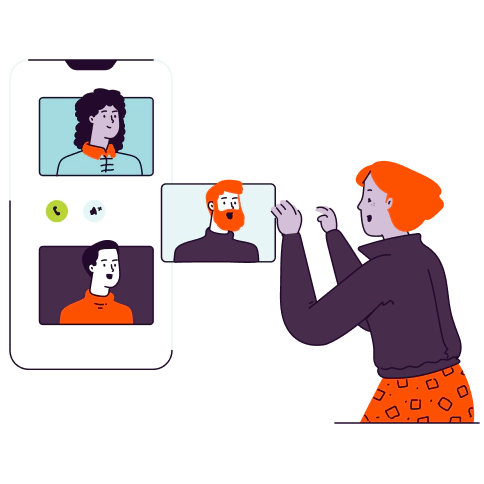 Illustration of a woman in online meeting using her mobile device.