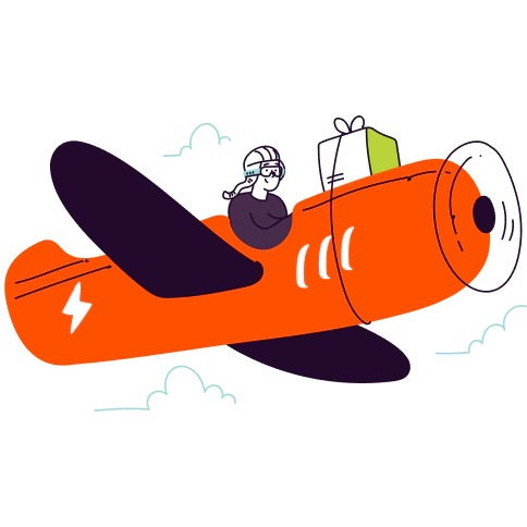 Illustration of woman piloting a small airplane. There is a package tied to the front of the plane.